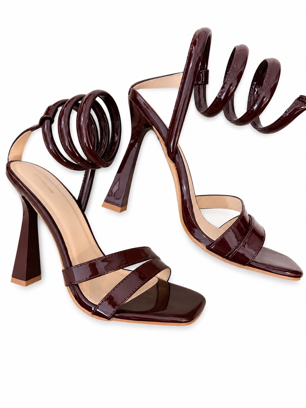 Patent Leather Spiral Wrap High Heel Sandals - Burgundy/Brown